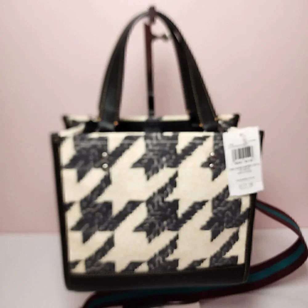 COACH CJ623 Dempsey Tote 22 Canvas & Leather Houndstooth Print Patch Cream